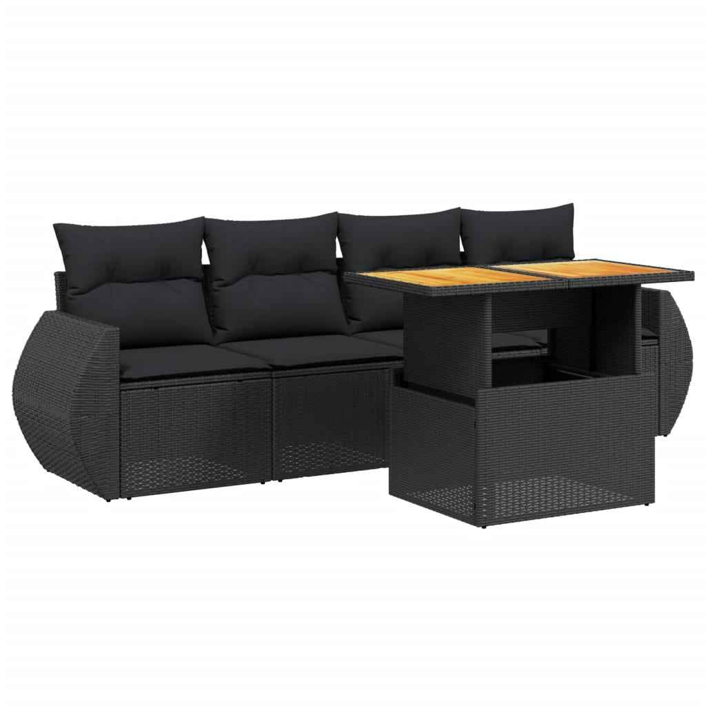 Set mobilier de grădină cu perne, 5 piese, negru, poliratan