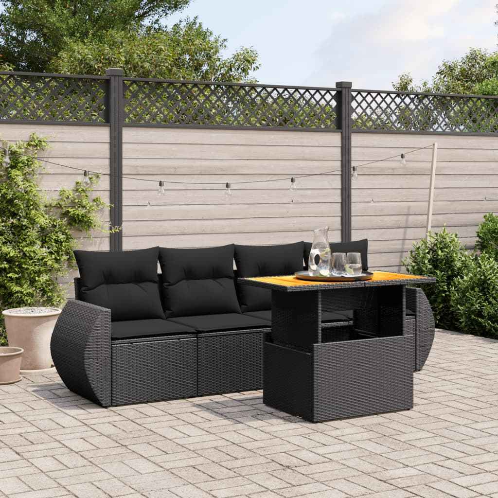 Set mobilier de grădină cu perne, 5 piese, negru, poliratan