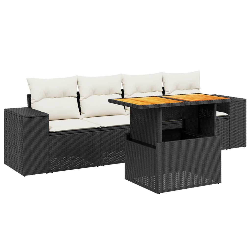Set mobilier de grădină cu perne, 5 piese, negru, poliratan