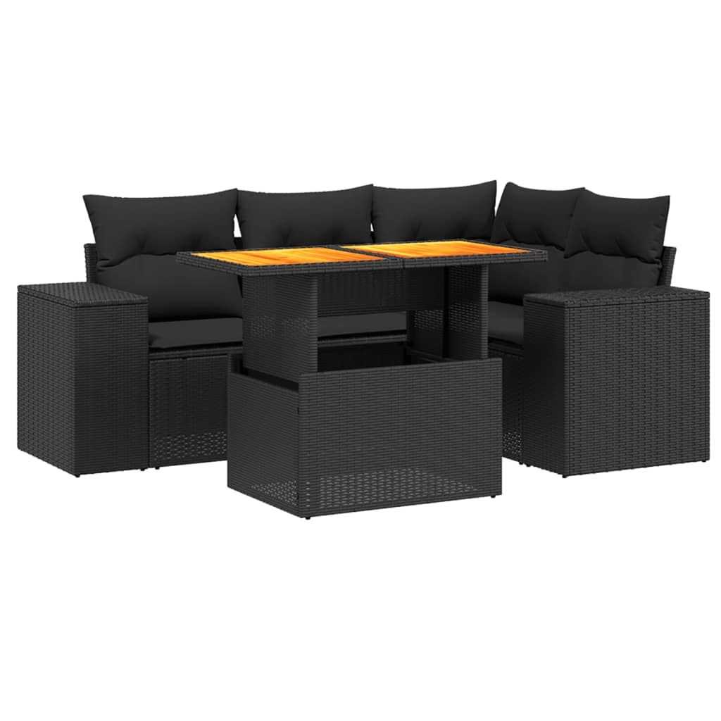 Set mobilier de grădină cu perne, 5 piese, negru, poliratan