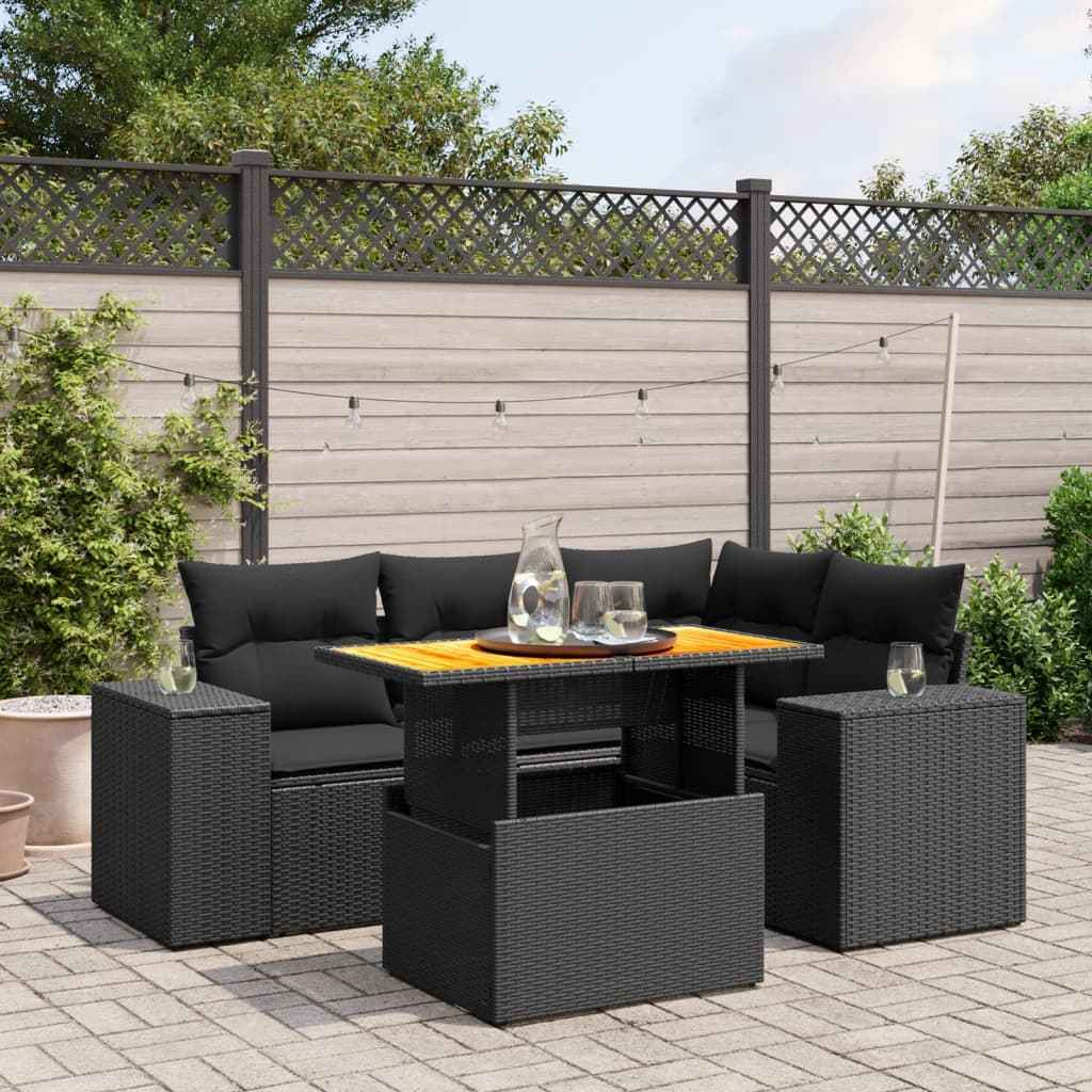 Set mobilier de grădină cu perne, 5 piese, negru, poliratan