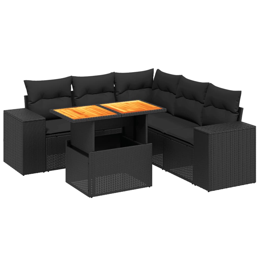 Set mobilier de grădină cu perne, 6 piese, negru, poliratan