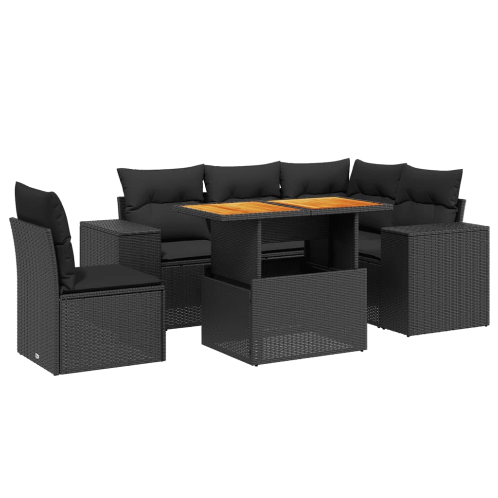 Set mobilier de grădină cu perne, 6 piese, negru, poliratan