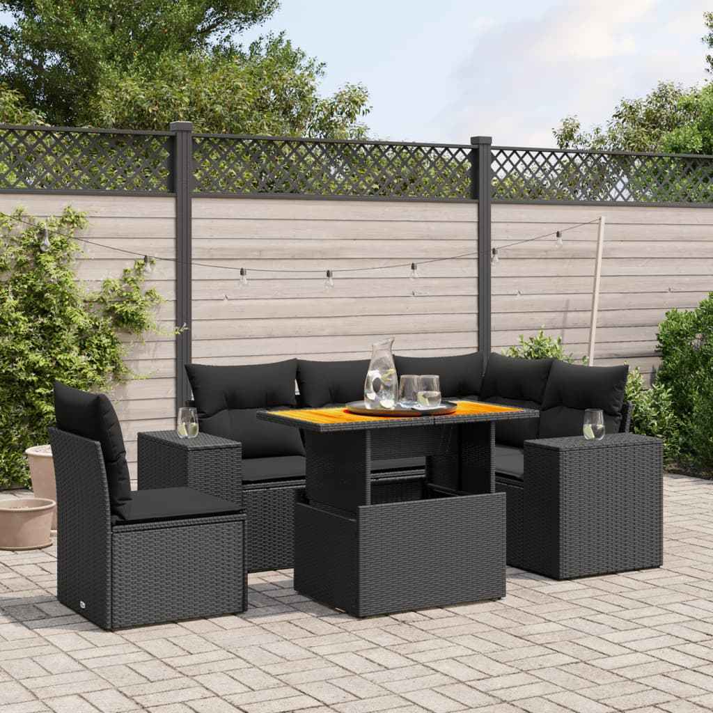 Set mobilier de grădină cu perne, 6 piese, negru, poliratan