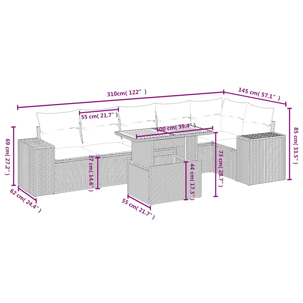 Set canapele de grădină, 7 piese, cu perne, bej, poliratan
