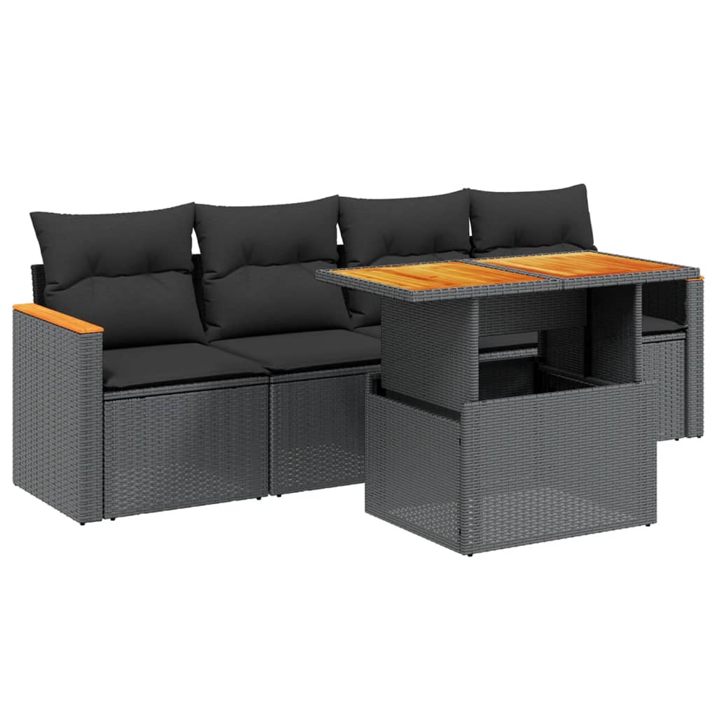 Set mobilier de grădină cu perne, 5 piese, negru, poliratan