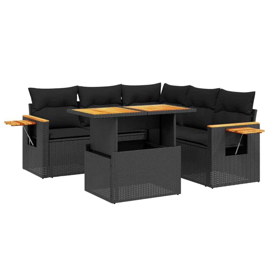 Set mobilier de grădină cu perne, 6 piese, negru, poliratan