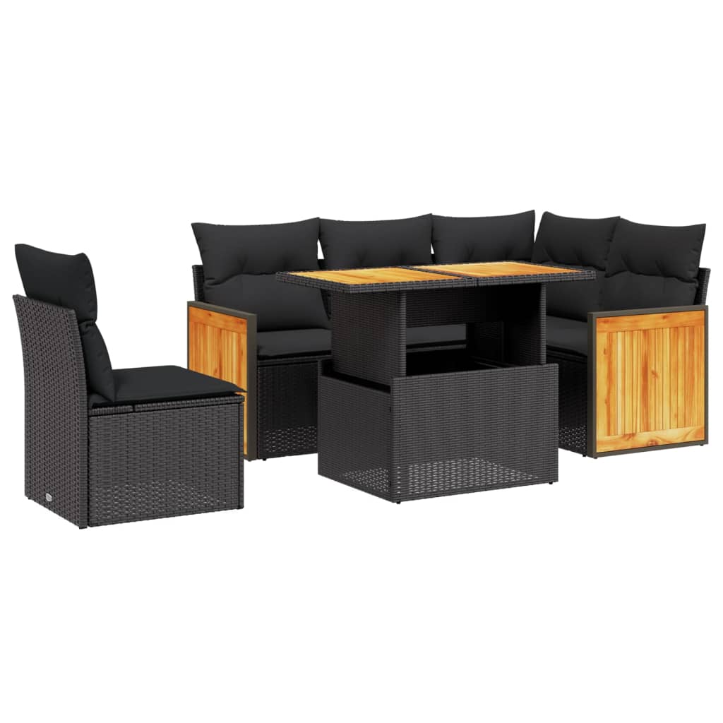 Set mobilier de grădină cu perne, 6 piese, negru, poliratan