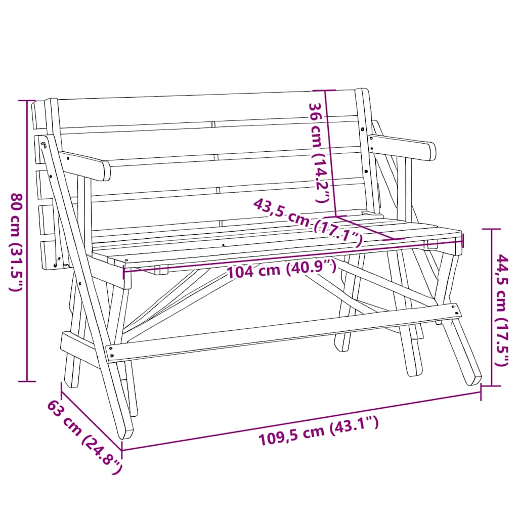 Masă de picnic cu bănci, lemn masiv brad, convertibilă 2 în 1