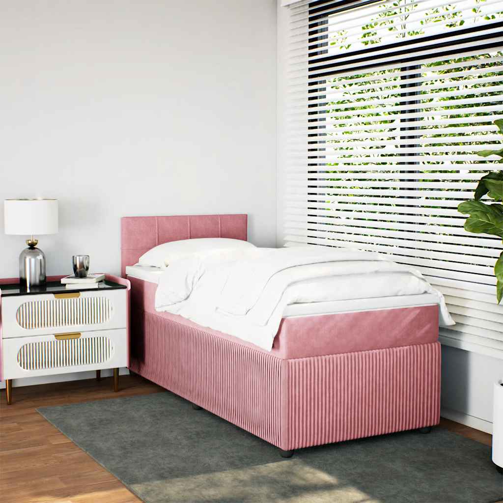 Pat box spring cu saltea, roz, 90x200 cm, catifea