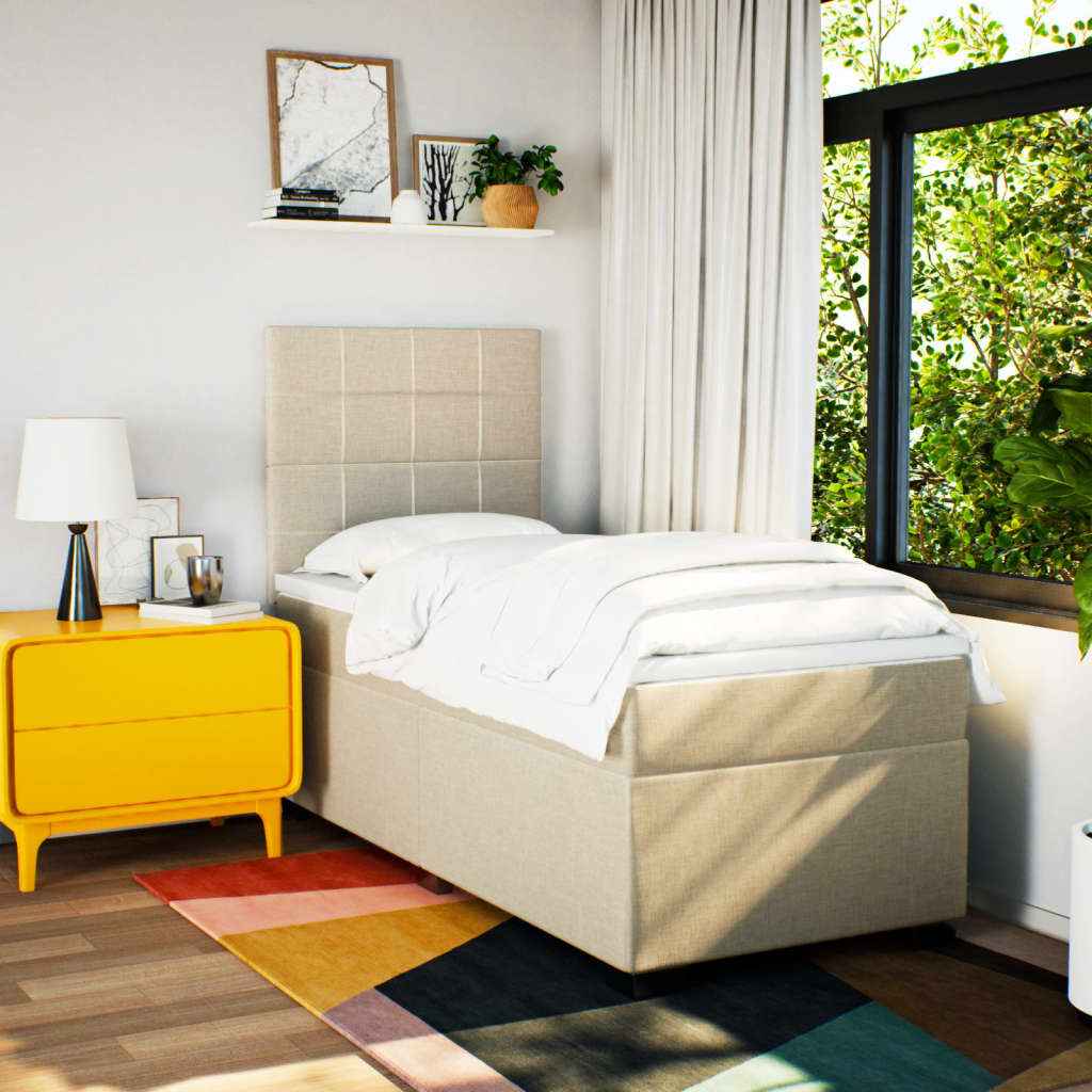 Pat box spring cu saltea, crem, 90x190 cm, textil