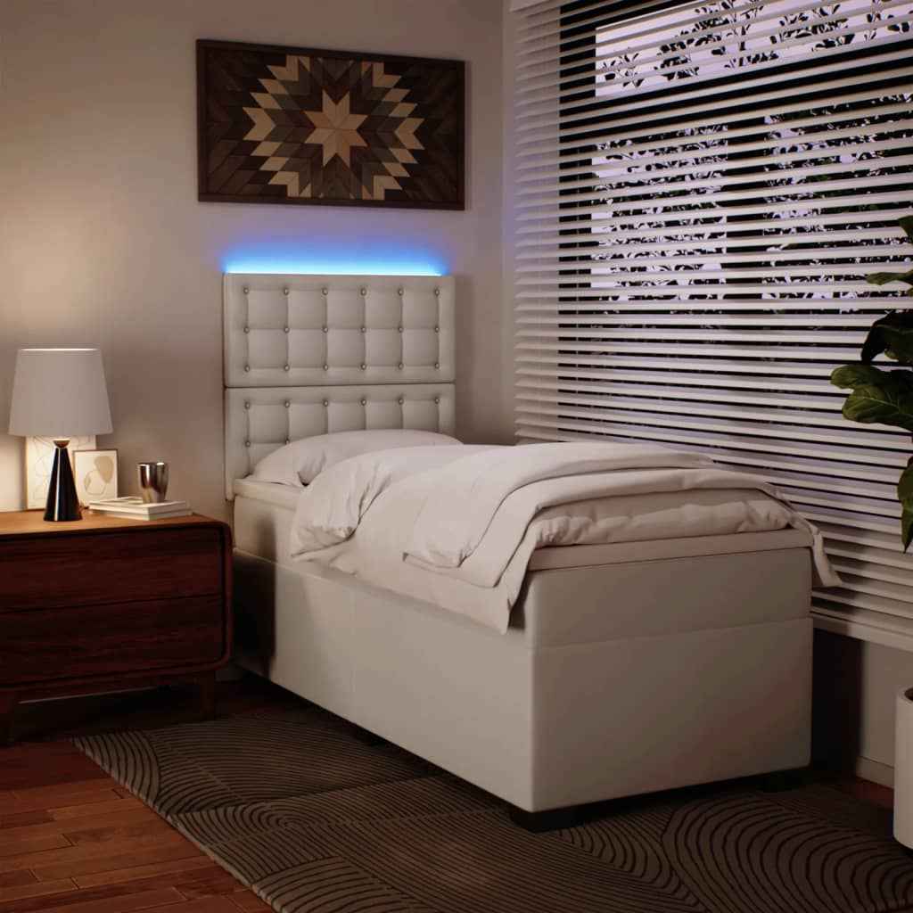 Pat box spring cu saltea, alb, 90x200 cm, piele ecologică