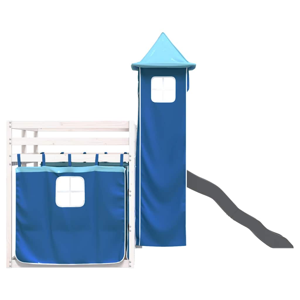 Pat supraetajat cu tobogan și perdele, albastru, 80x200 cm