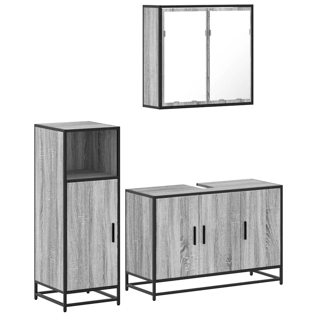 Set mobilier de baie, 3 piese, gri sonoma, lemn prelucrat