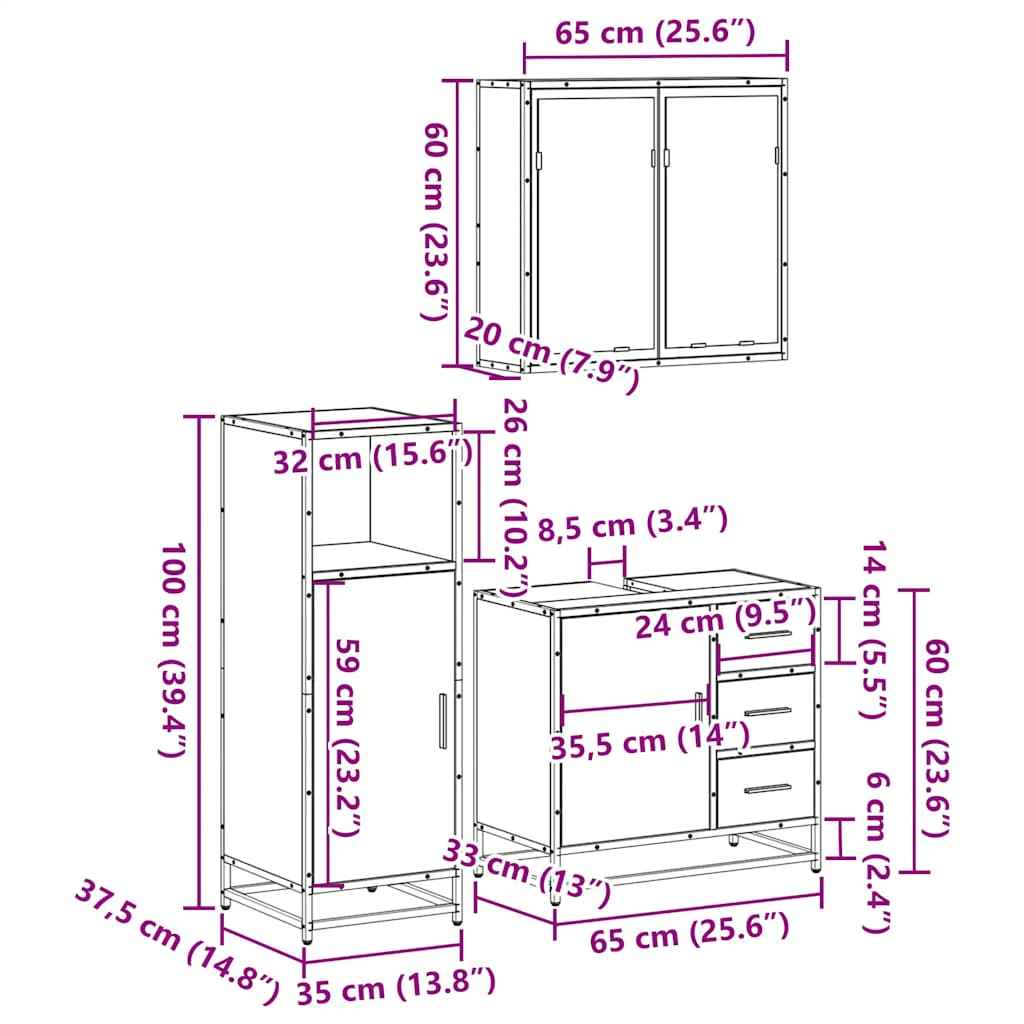Set mobilier de baie, 3 piese, stejar sonoma, lemn prelucrat
