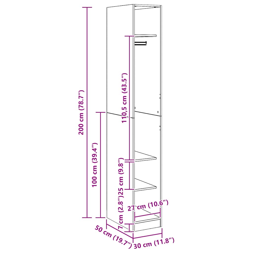 Șifonier, stejar artizanal, 30x50x200 cm, lemn prelucrat