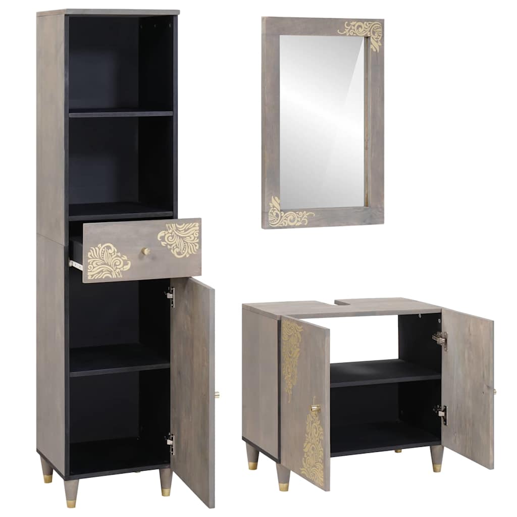 Set dulap baie cu sertar cu ușă 3 pcs Gri Lemn de mango solid
