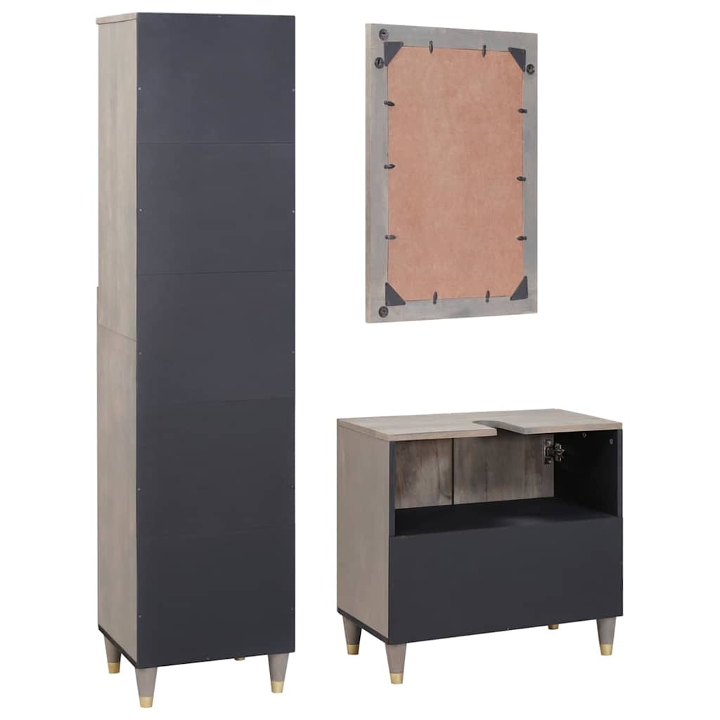 Set dulap baie cu sertar cu ușă 3 pcs Gri Lemn de mango solid