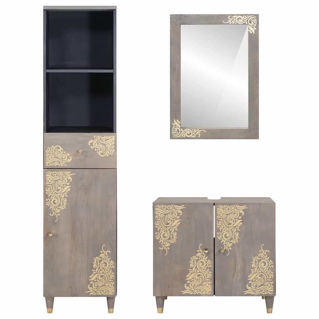 Set dulap baie cu sertar cu ușă 3 pcs Gri Lemn de mango solid