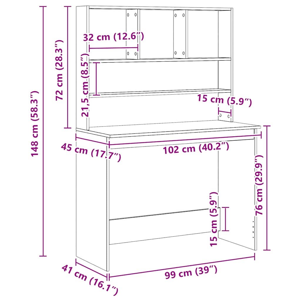 Birou cu rafturi stejar artizanal 102x45x148 cm, lemn prelucrat