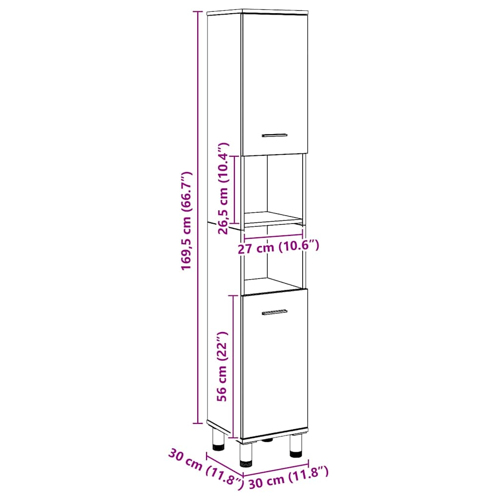 Dulap de baie, stejar artizanal, 30x30x179 cm, lemn prelucrat
