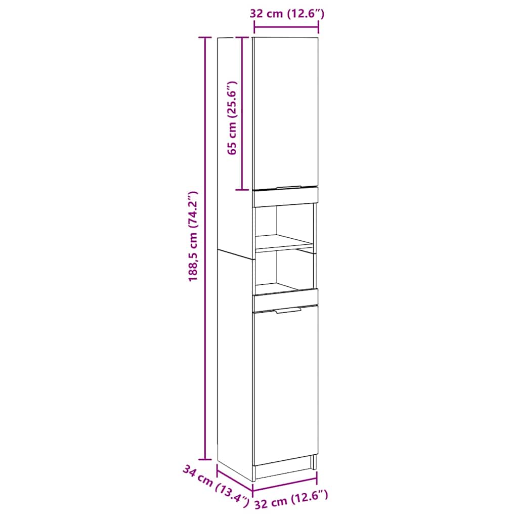 Dulap de baie, stejar artizanal, 32x34x188,5 cm, lemn prelucrat
