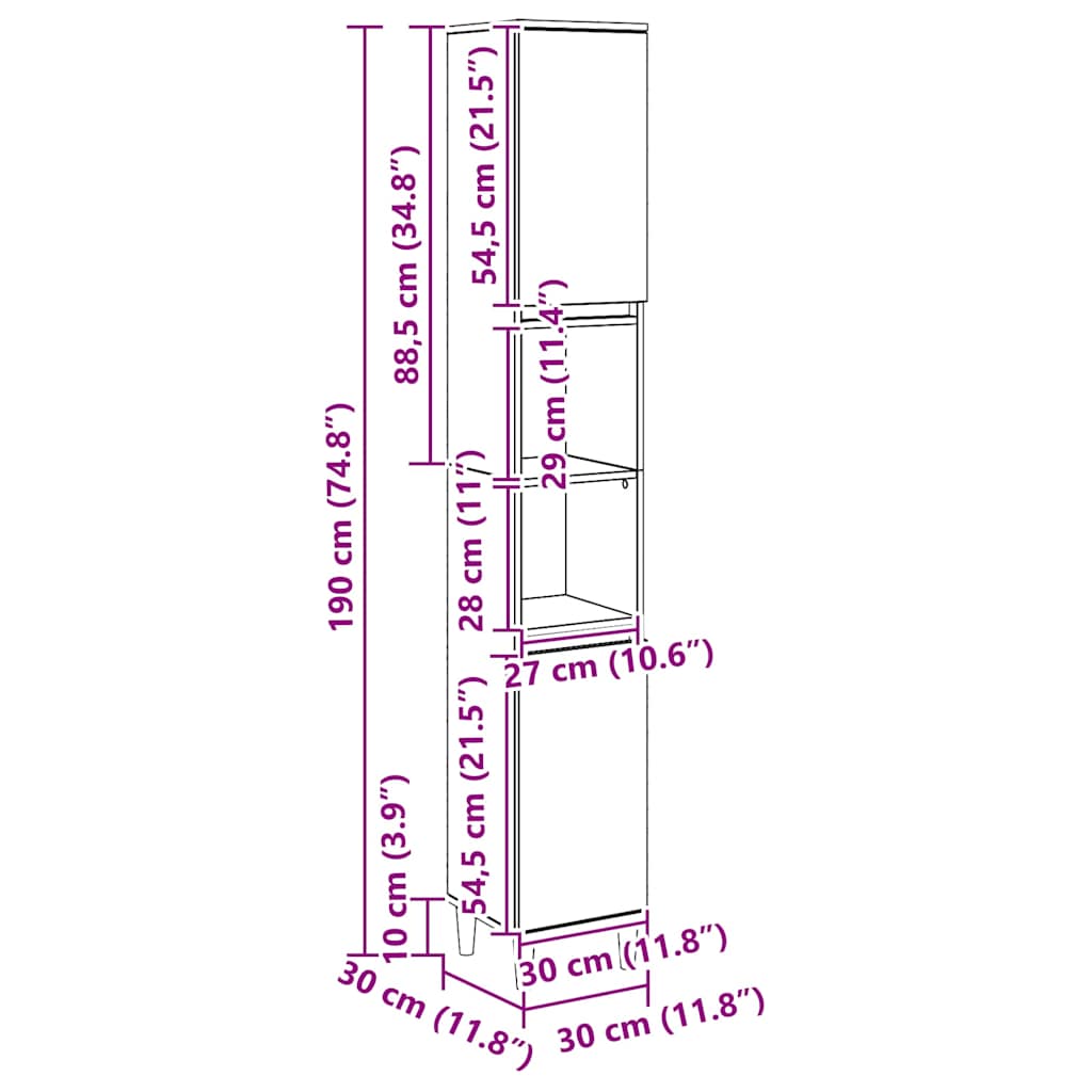 Dulap de baie, stejar artizanal, 30x30x190 cm, lemn prelucrat
