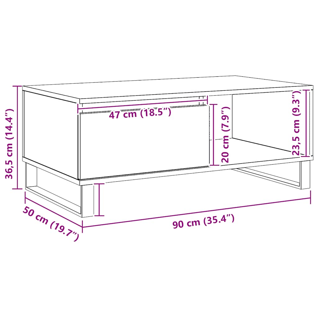 Măsuță cafea, stejar artizanal, 90x50x36,5 cm, lemn prelucrat