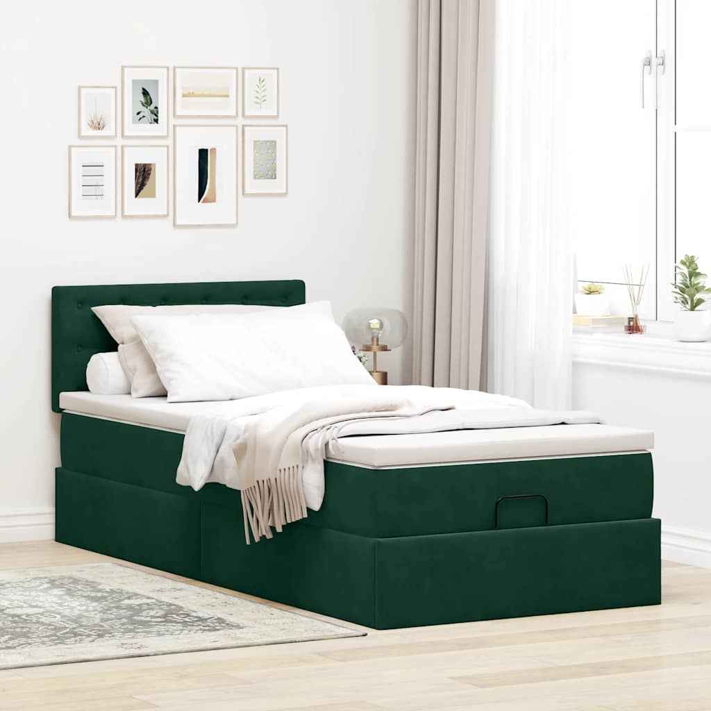 Cadru de pat otoman cu saltea verde închis 90x190cm catifea