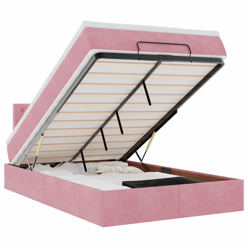 Cadru de pat otoman cu saltea, catifea roz 120x200cm