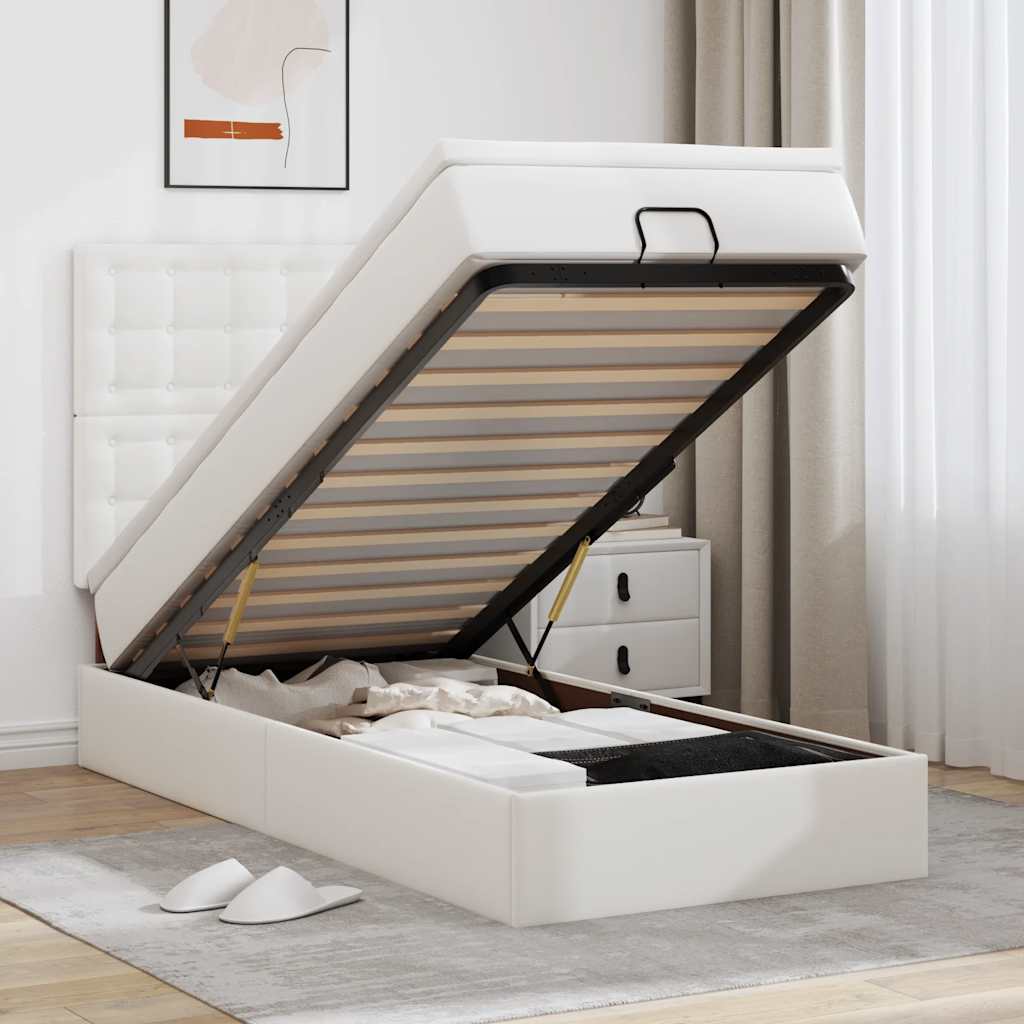 Pat otoman cu saltea, alb, 90x200cm, piele ecologică