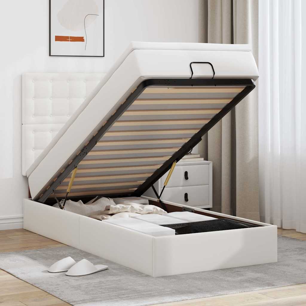 Pat otoman cu saltea, alb, 100x200cm, piele ecologică