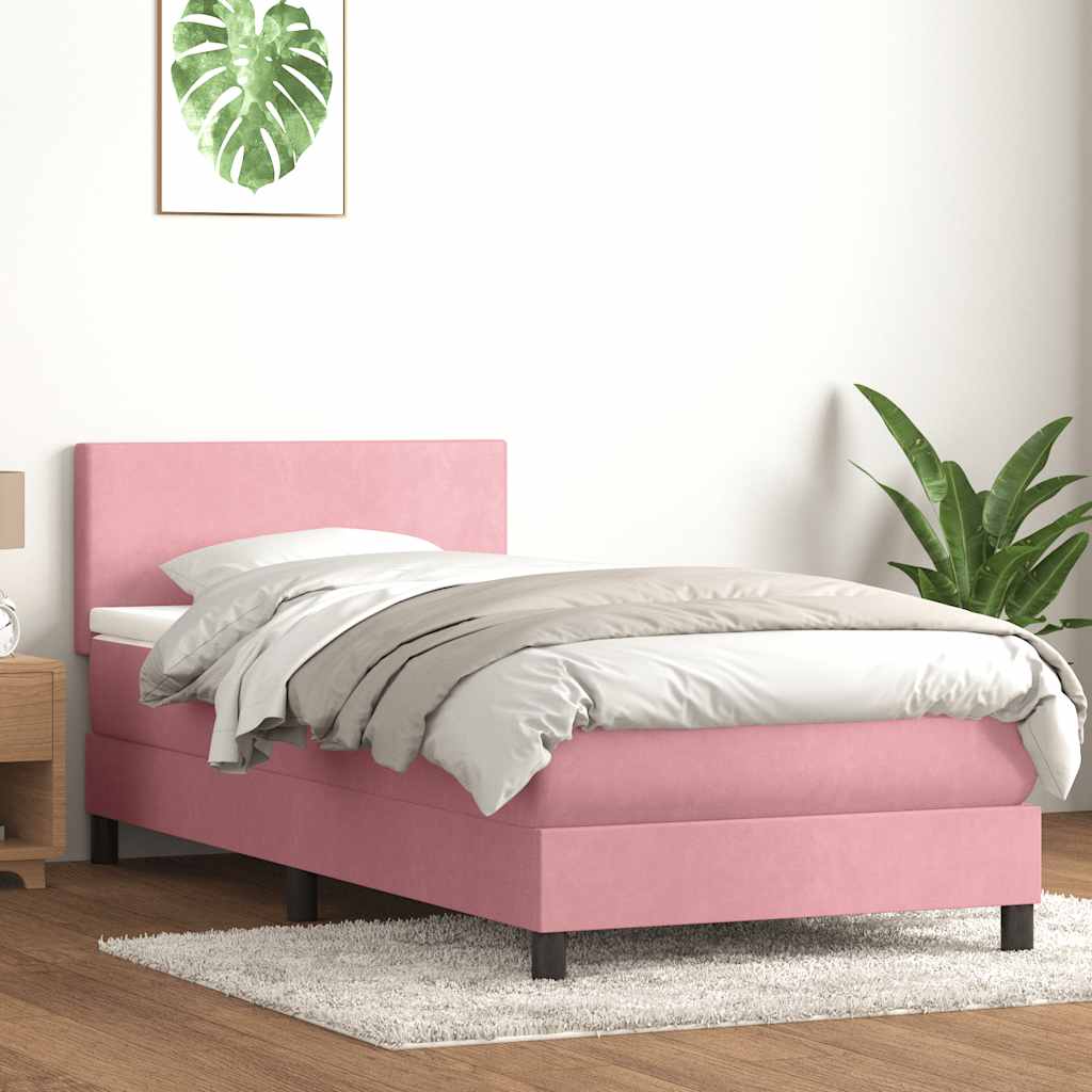 Pat box spring cu saltea, roz, 90x220 cm, catifea