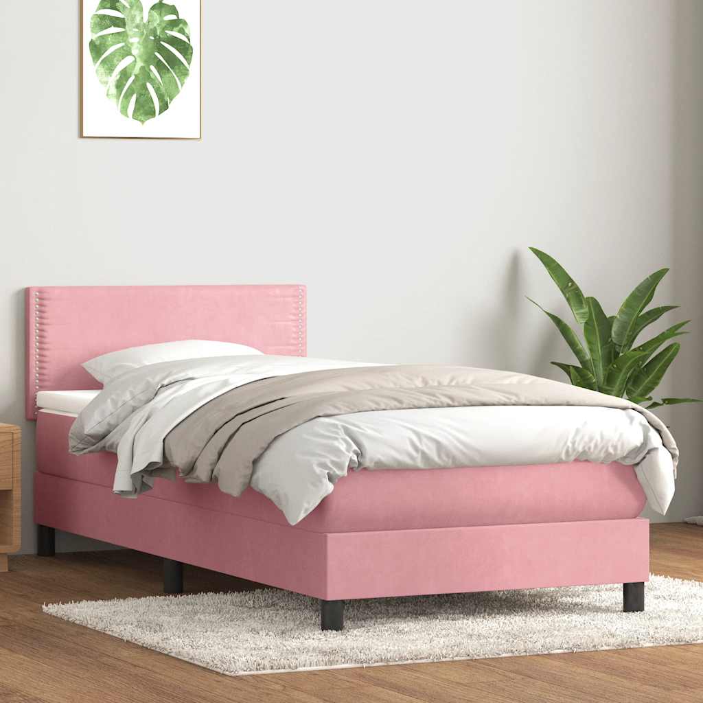 Pat box spring cu saltea, roz, 100x220 cm, catifea