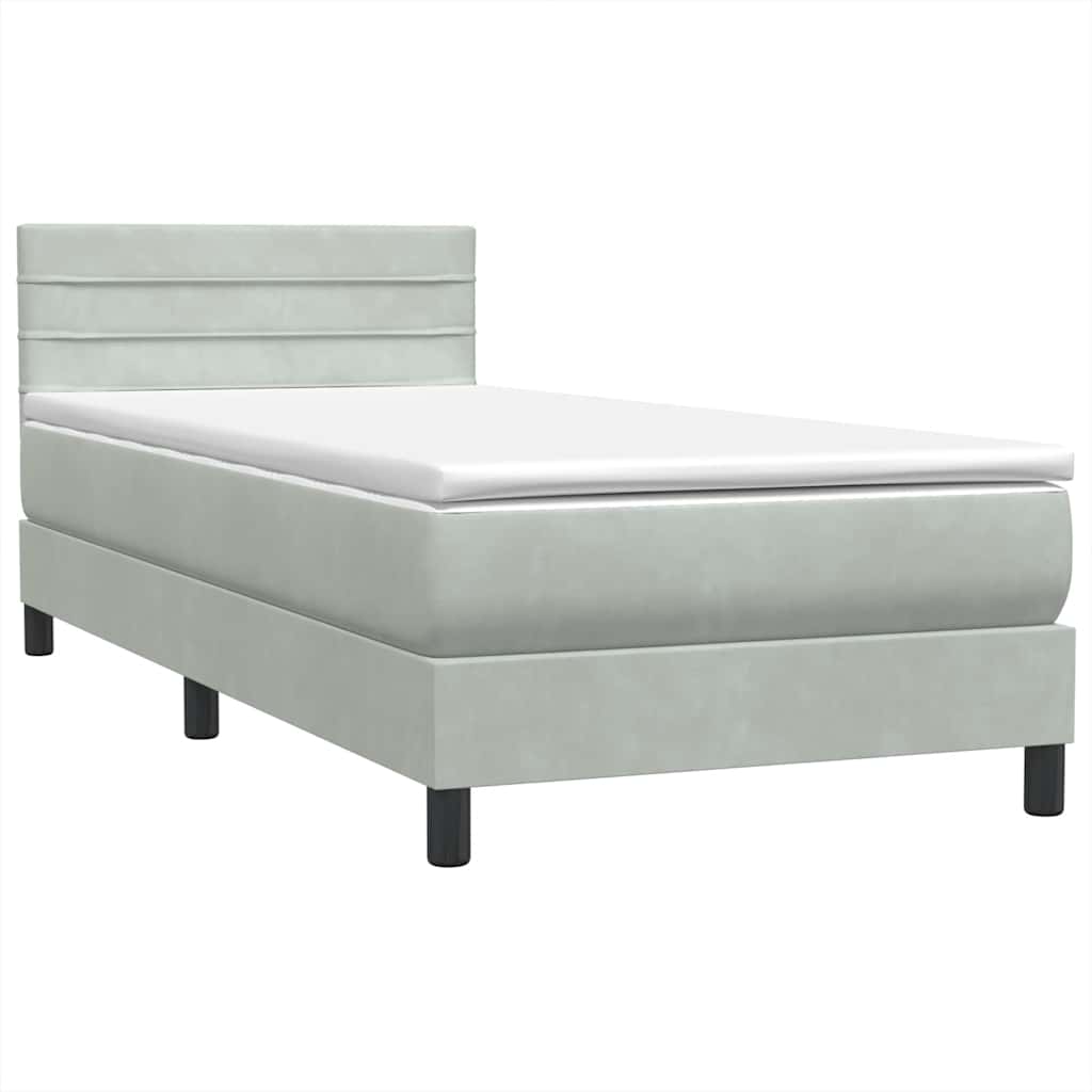 Pat box spring cu saltea, gri deschis, 90x210 cm, catifea