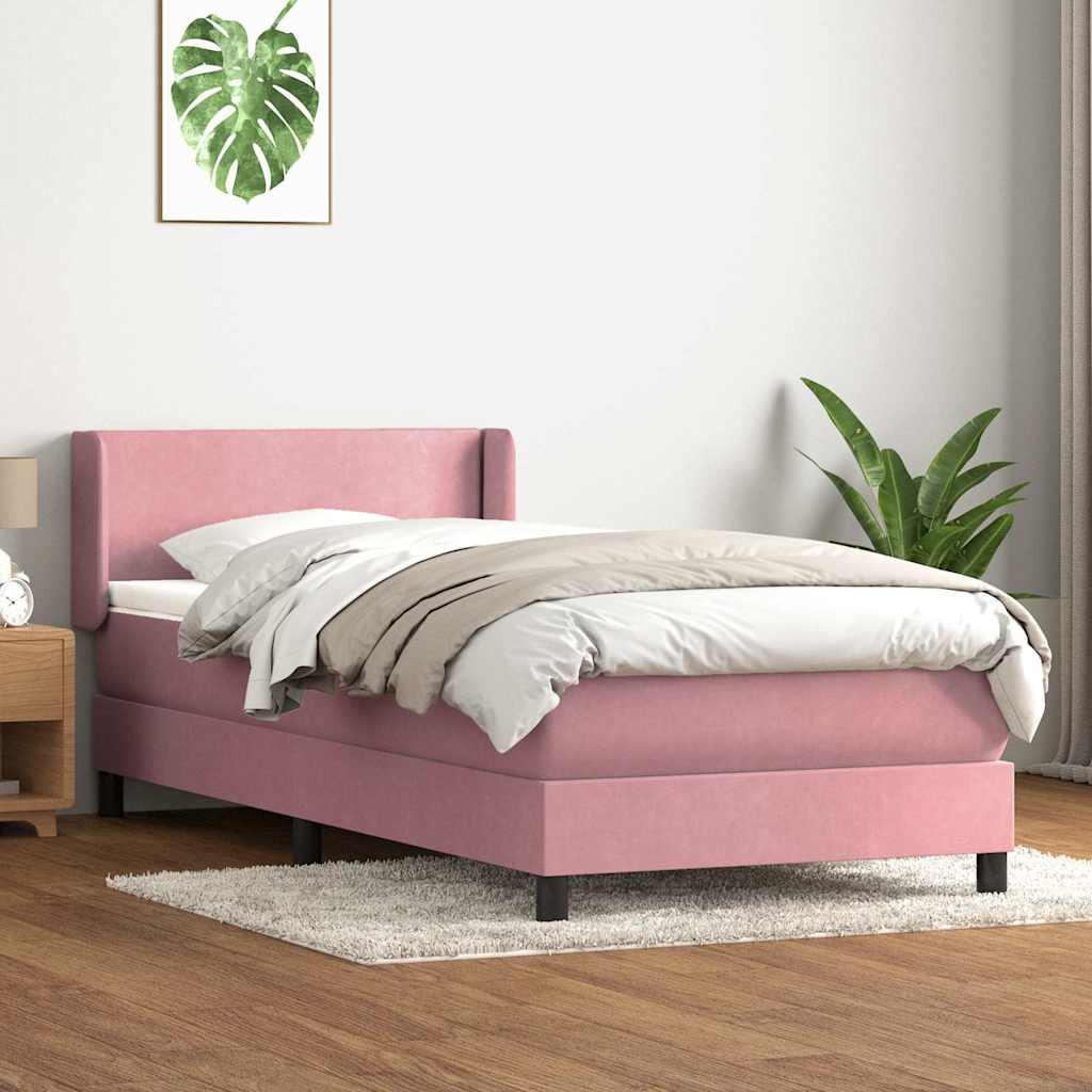 Pat box spring cu saltea, roz, 90x210 cm, catifea