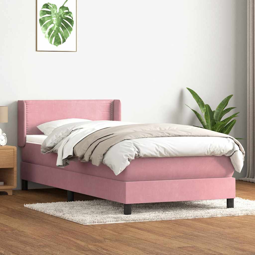 Pat box spring cu saltea, roz, 100x220 cm, catifea