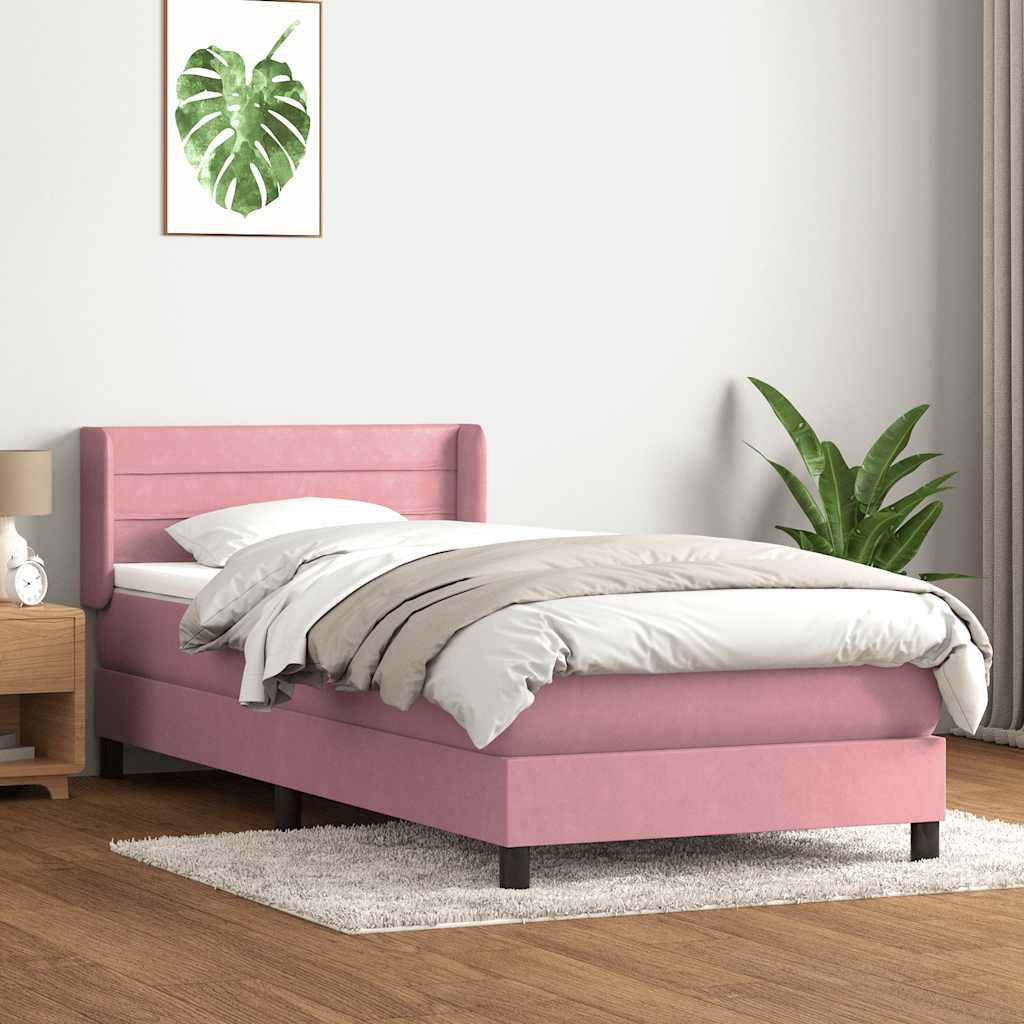Pat box spring cu saltea, roz, 100x220 cm, catifea