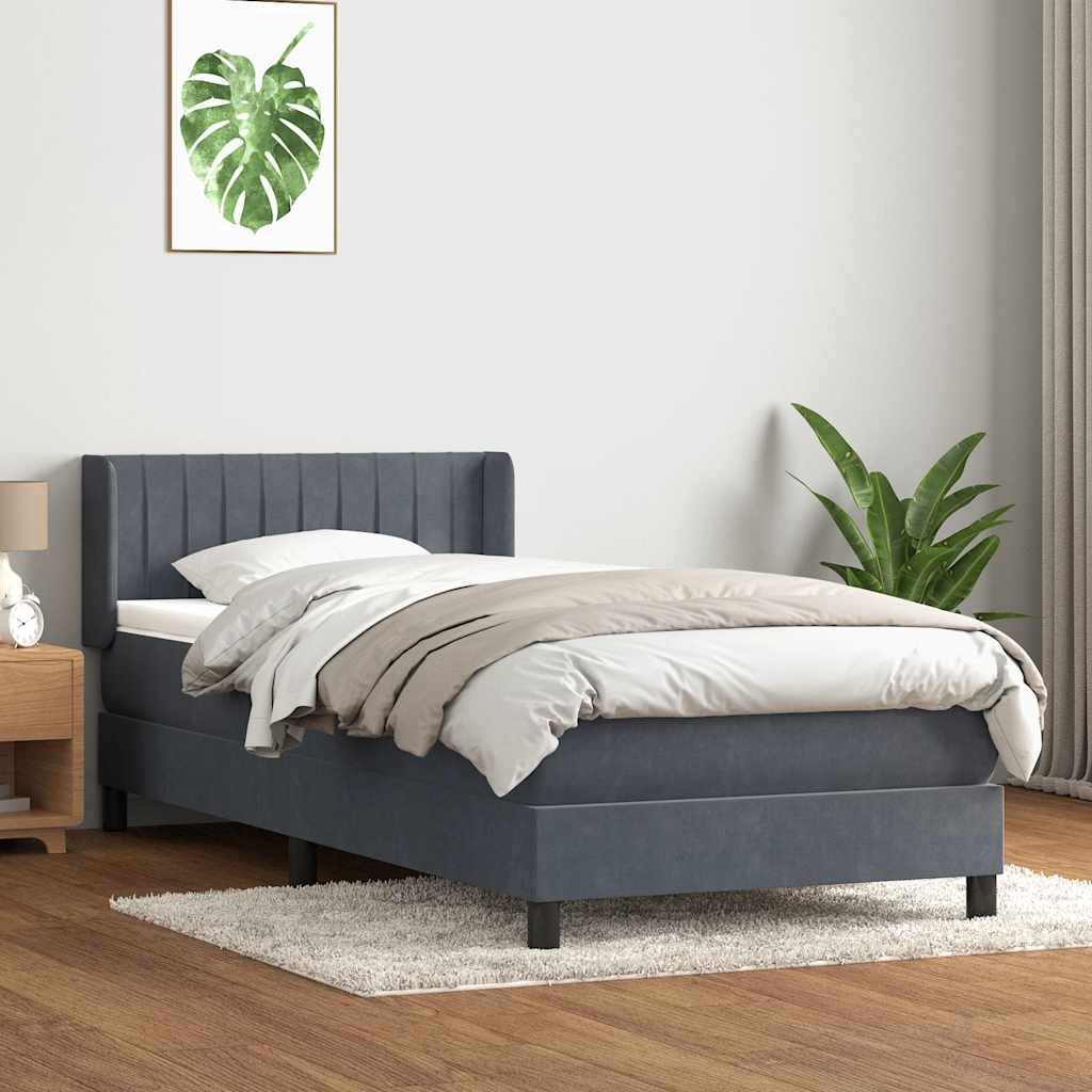 Pat box spring cu saltea, gri închis, 90x220 cm, catifea