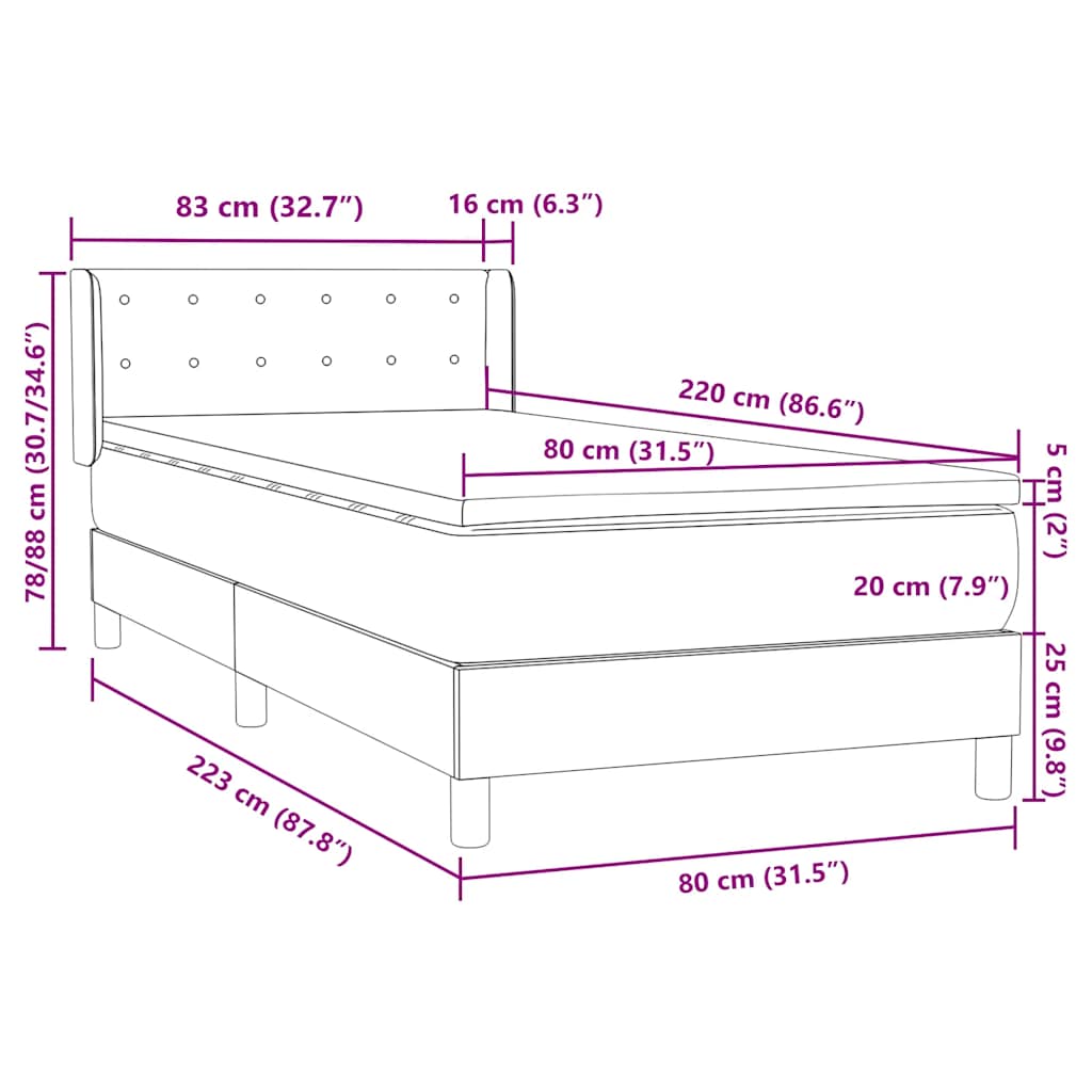 Pat box spring cu saltea, roz, 80x220 cm, catifea