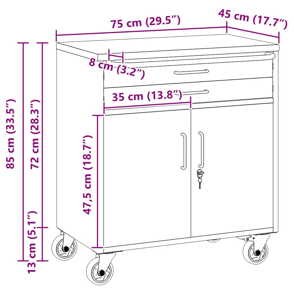 Banc de lucru cu sertar cu roata Roșu și gri 75 x 45 x 85 cm