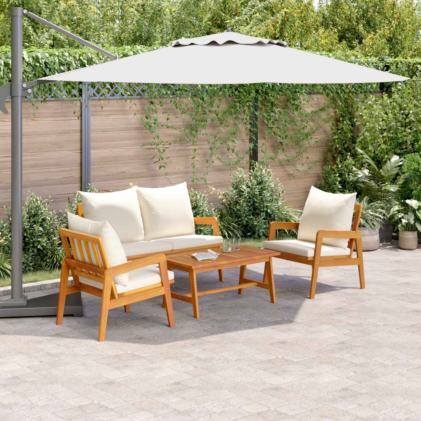 Set bistro cu pernă 4 pcs Maro și Crem Lemn Solid de Acacia