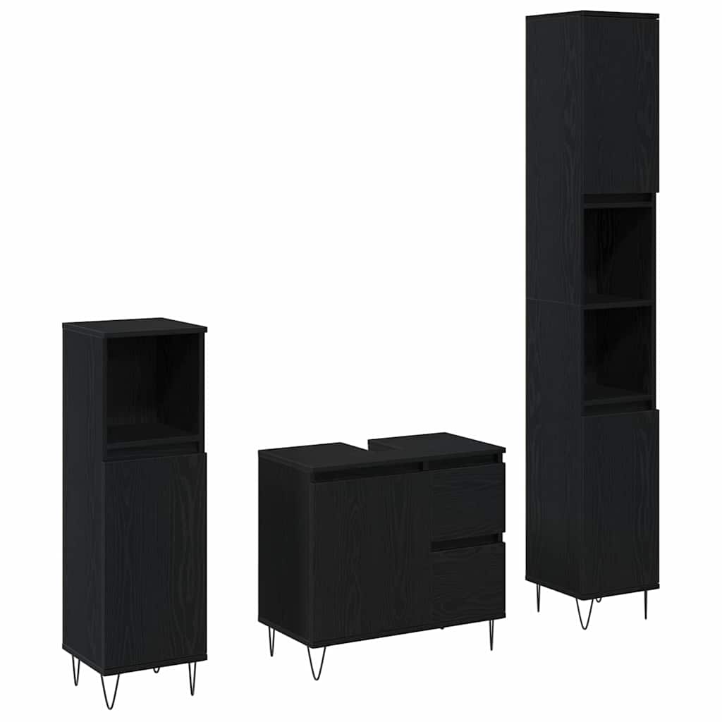 Set de mobilier pentru baie 3 pcs Stejar Negru 30 x 30 x 190 cm