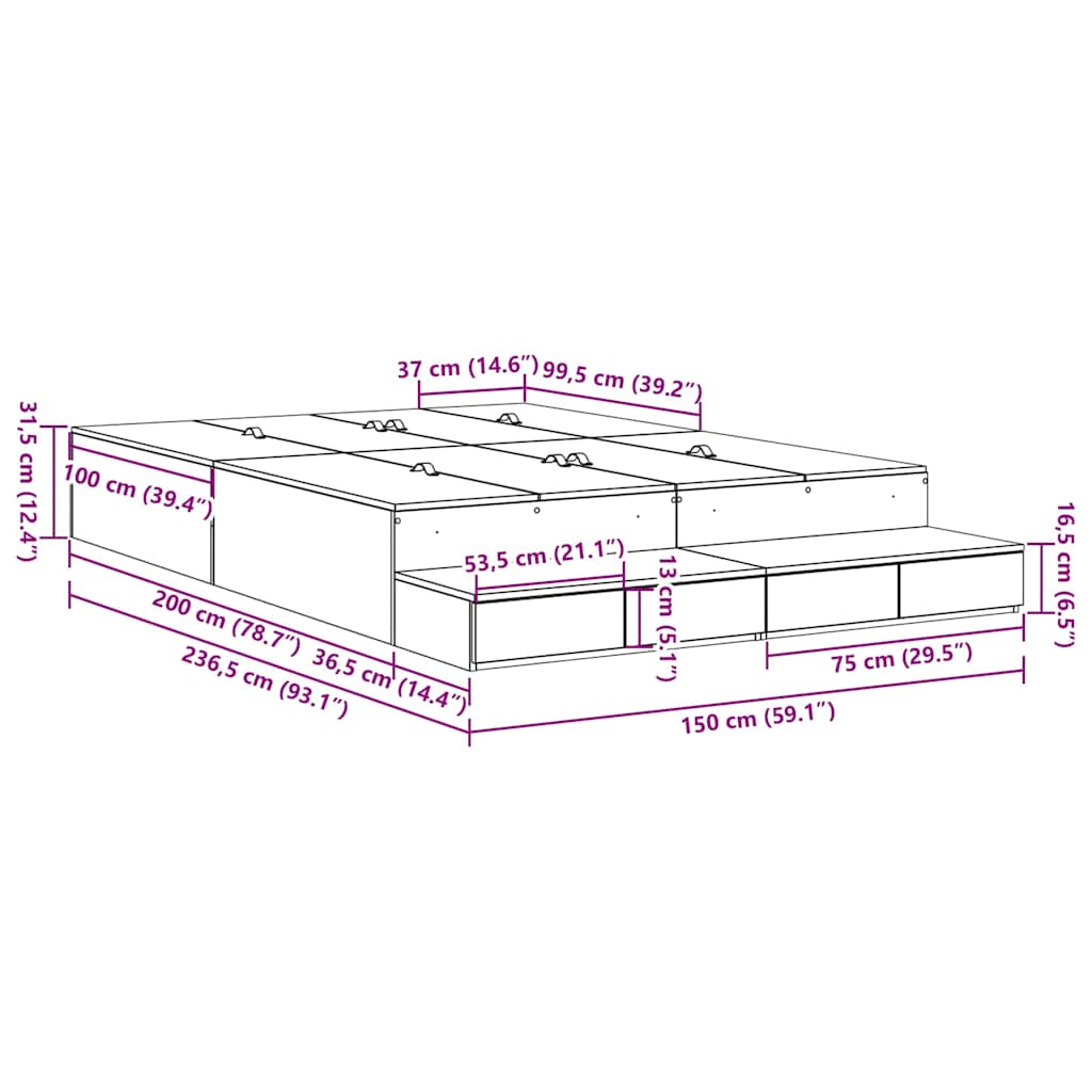 Cadru de pat cu depozitare Lemn Vechi 150 cm Lemn compozit