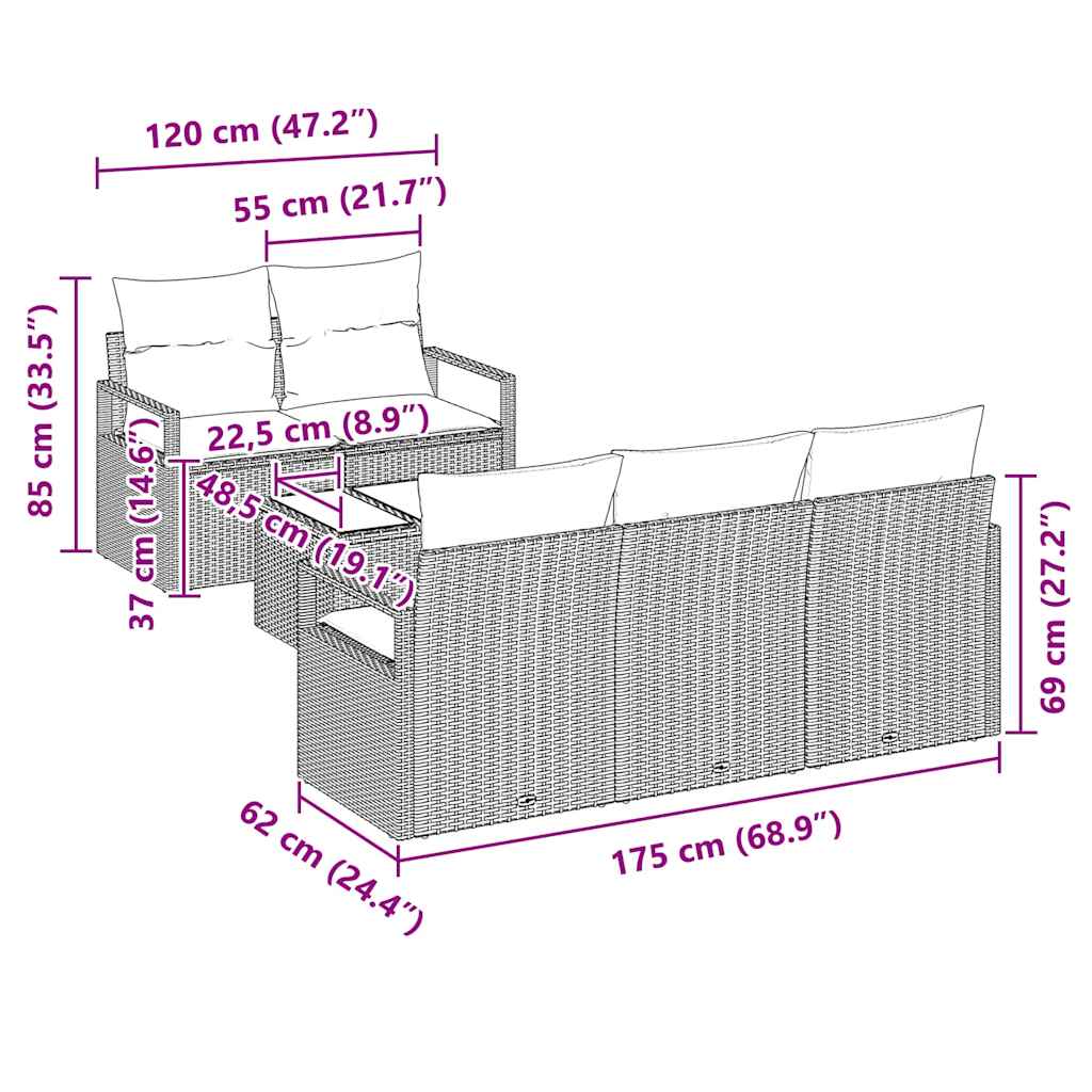 Set de canapea cu pernă Manual 6 pcs Negru și Crem poliratan