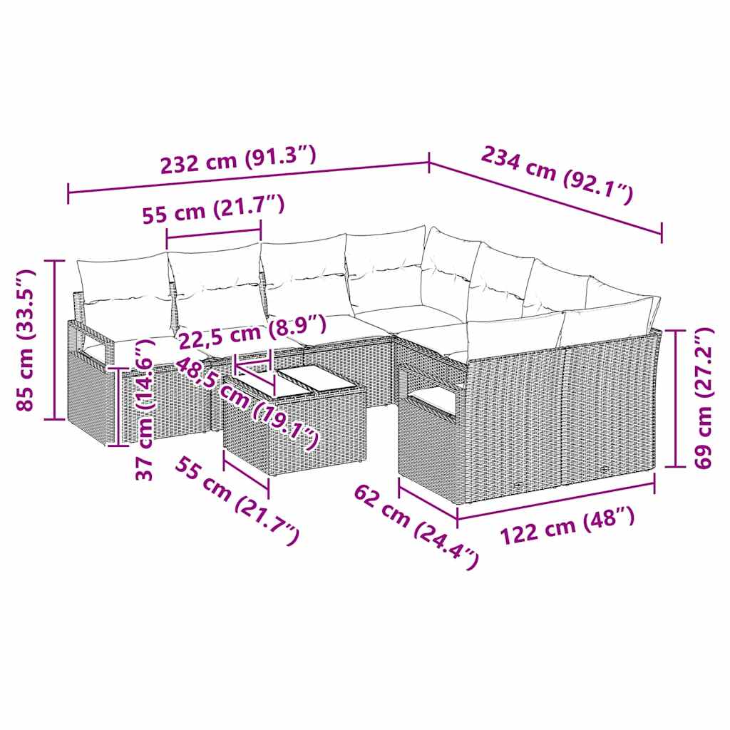 Set de canapea cu pernă Manual 9 pcs Gri poliratan