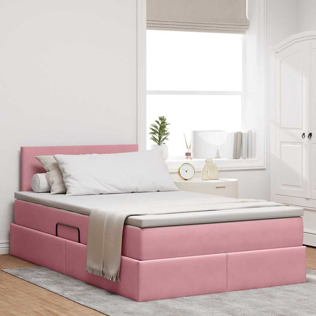 Pat cu storage cu saltea cu headboard Roz 120 x 200 cm Catifea