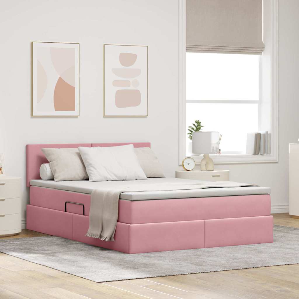 Pat cu storage cu saltea cu headboard Roz 140 x 200 cm Catifea
