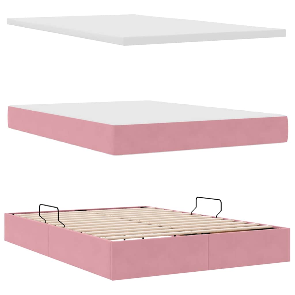 Pat cu storage cu saltea cu headboard Roz 140 x 200 cm Catifea