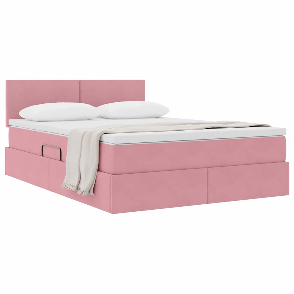 Pat cu storage cu saltea cu headboard Roz 140 x 200 cm Catifea